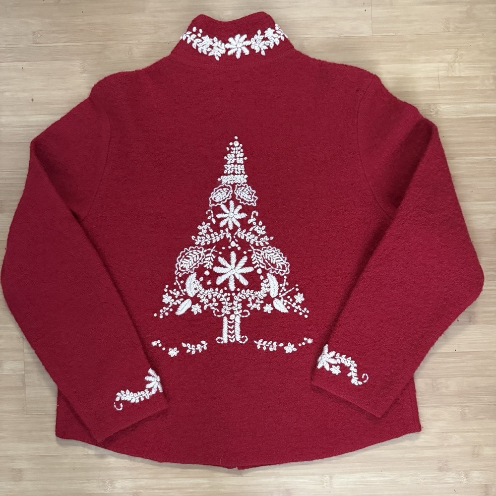 Coldwater Creek Jacket Women L 100% Wool Red Embroidered Christmas Tree Holiday